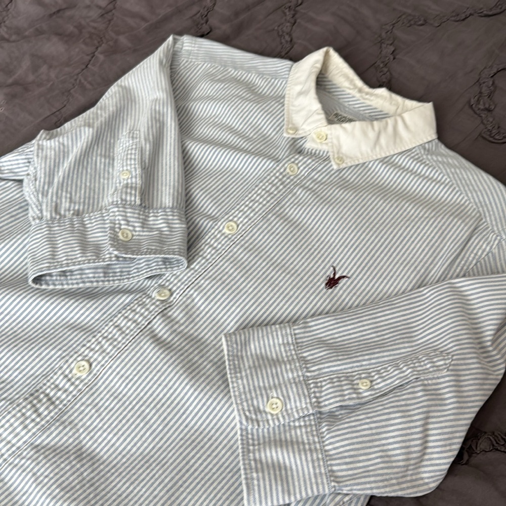 All Saints Gray and White Striped Casual Button Down Shirt